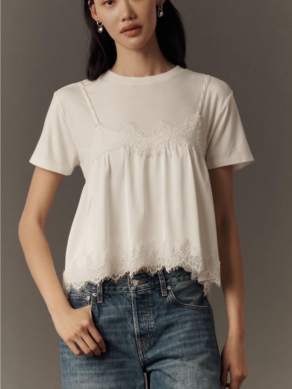 Anthropologie White Lace-Trim Camisole Overlay